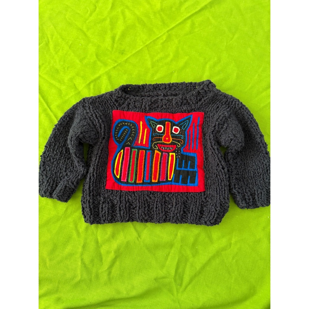 Vintage Handmade Mola‎ Cat Patch Chunky Knit Sweater Black Toddler Kids Artisan